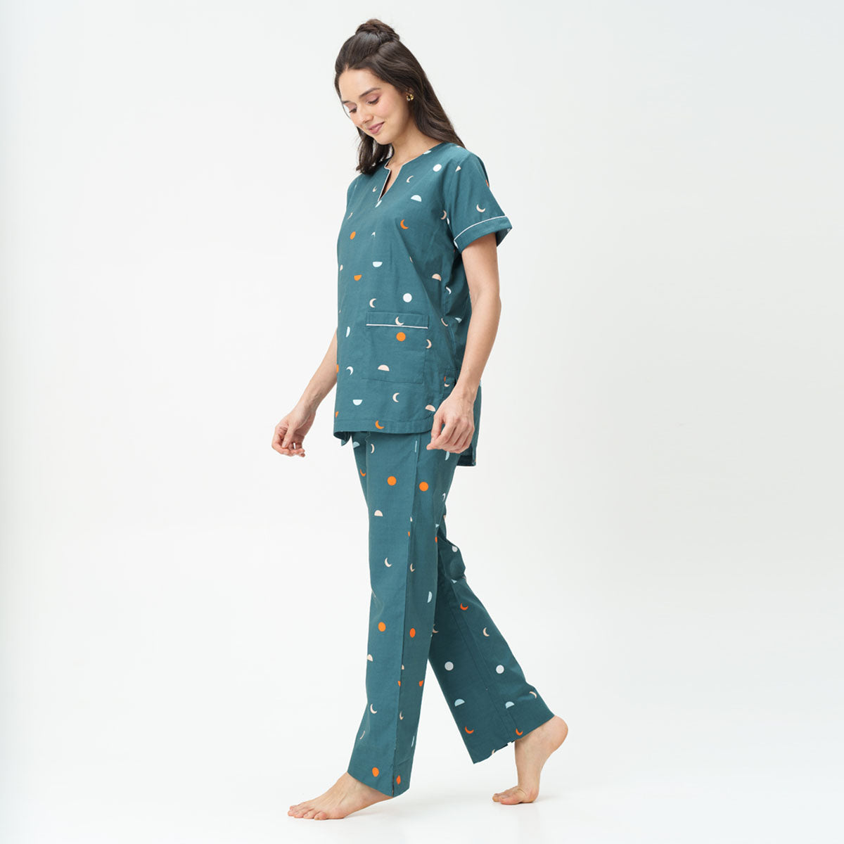 Buy cotton dip neck pyjama set for women Celestial Dreams Green Moon Dandelion Dreams