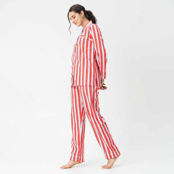 Crimson Trails Cotton Notched Collar Pyjama Set