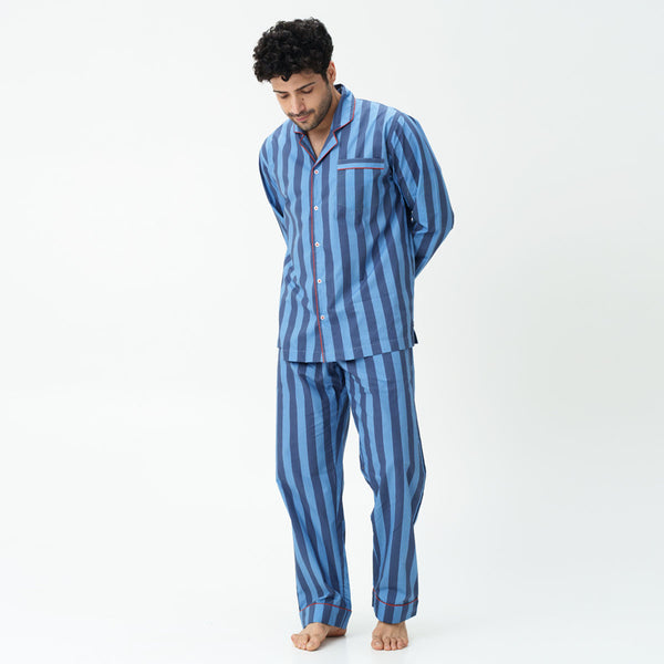 Indigo Tracks Cotton Notched Collar Pyjama Set