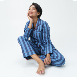 Indigo Tracks Cotton Notched Collar Pyjama Set