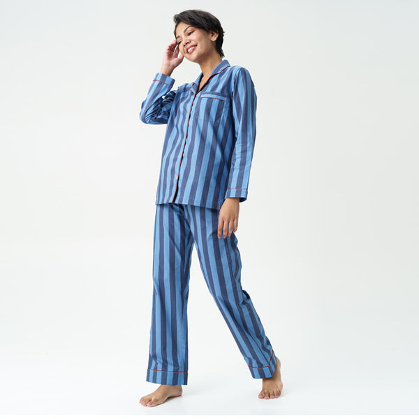 Indigo Tracks Cotton Notched Collar Pyjama Set