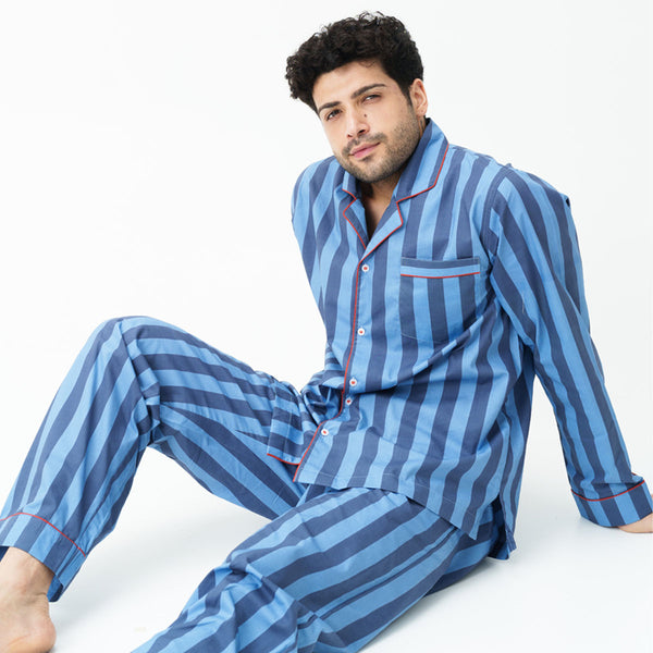 Indigo Tracks Cotton Notched Collar Pyjama Set