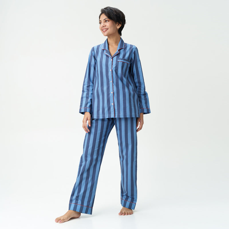 Indigo Tracks Cotton Notched Collar Pyjama Set