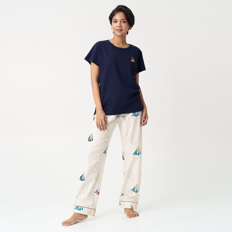 Nautical Drift Embroidered T-shirt & Cotton Pyjama Women's