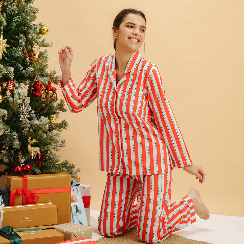 Crimson Trails Cotton Notched Collar Pyjama Set - Women