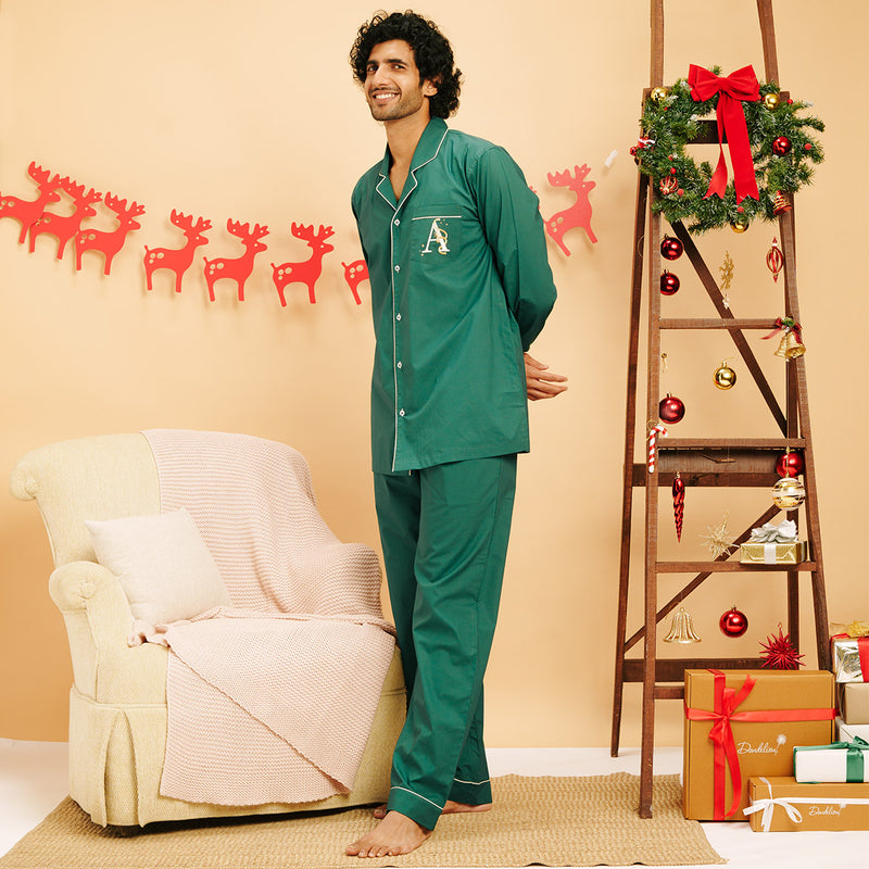 Pine Embroidered Cotton Notched Pyjama Set - Men