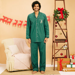 Pine Embroidered Cotton Notched Pyjama Set - Men