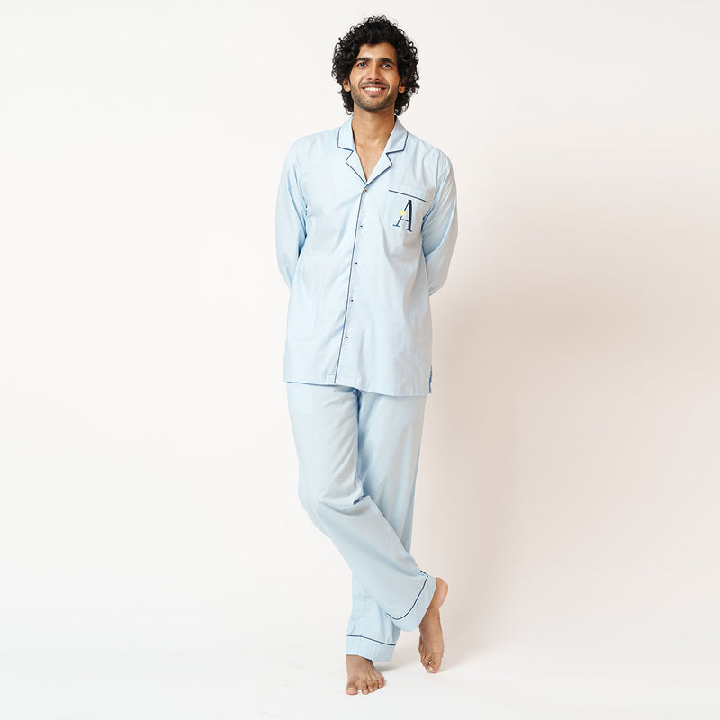 Azure Embroidered Cotton Notched Pyjama Set