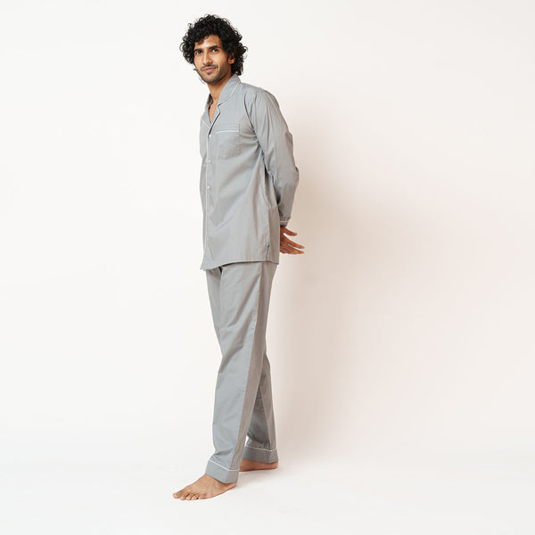 Grey Cotton Notched Pyjama Set