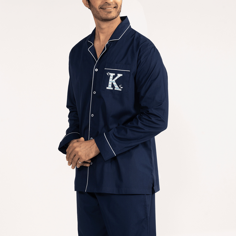 Blue Lagoon Cotton Notched Collar Pyjama Set - Men