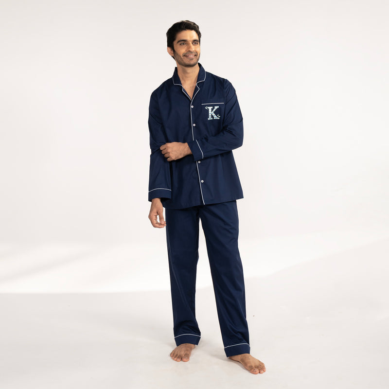 Blue Lagoon Cotton Notched Collar Pyjama Set - Men