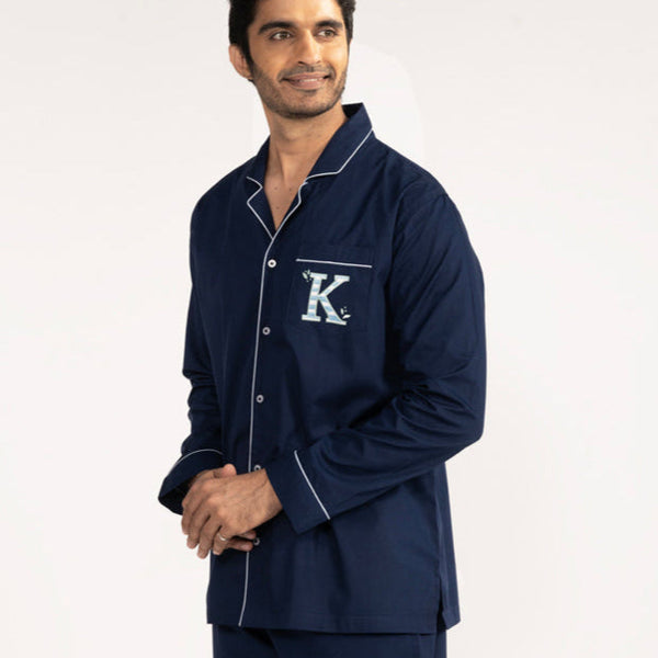 Blue Lagoon Cotton Notched Collar Pyjama Set - Men