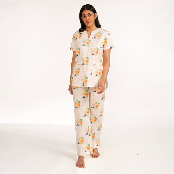 Toucan Bloom Cotton Dip-Neck Pyjama Set