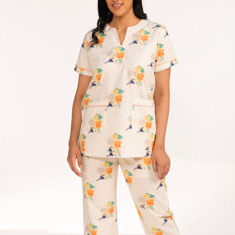 Toucan Bloom Cotton Dip-Neck Pyjama Set