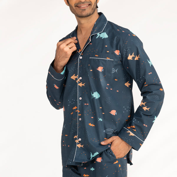 Deep Dive Cotton Notched Collar Pyjama Set - Men