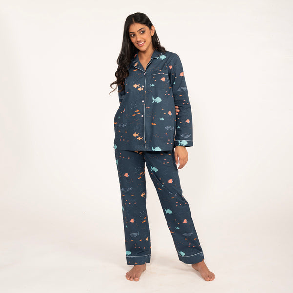 Deep Dive Cotton Notched Collar Pyjama Set