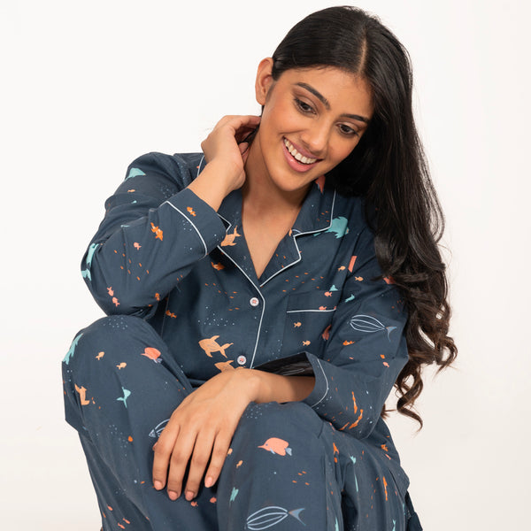 Deep Dive Cotton Notched Collar Pyjama Set