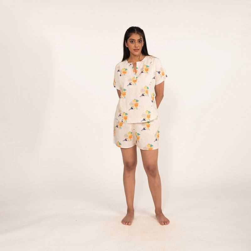 Toucan Bloom Slit Neck Top and Shorts