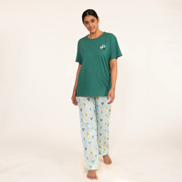 Pineapple Palms Embroidered T-shirt & Cotton Pyjama Women's