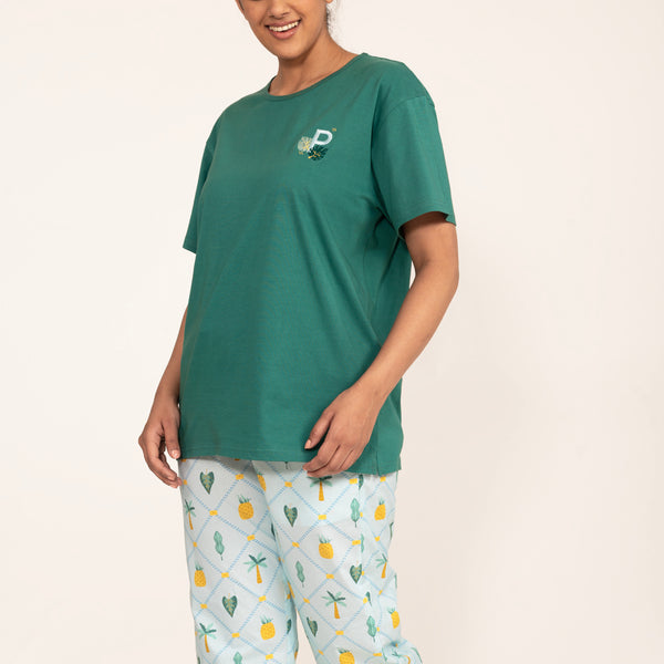 Pineapple Palms Embroidered T-shirt & Cotton Pyjama Women's