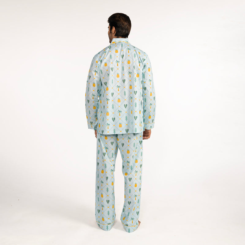 Pineapple Palms Cotton Notched Collar Pyjama Set - Men