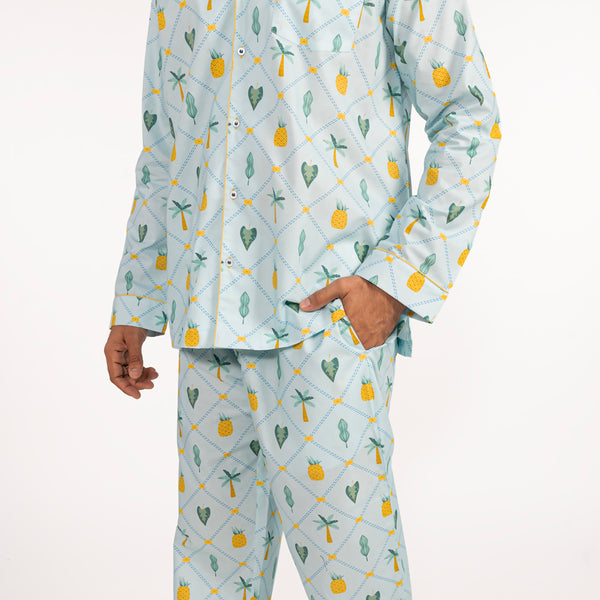 Pineapple Palms Cotton Notched Collar Pyjama Set - Men