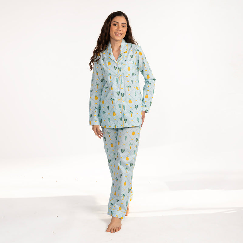 Pineapple Palms Cotton Notched Collar Pyjama Set