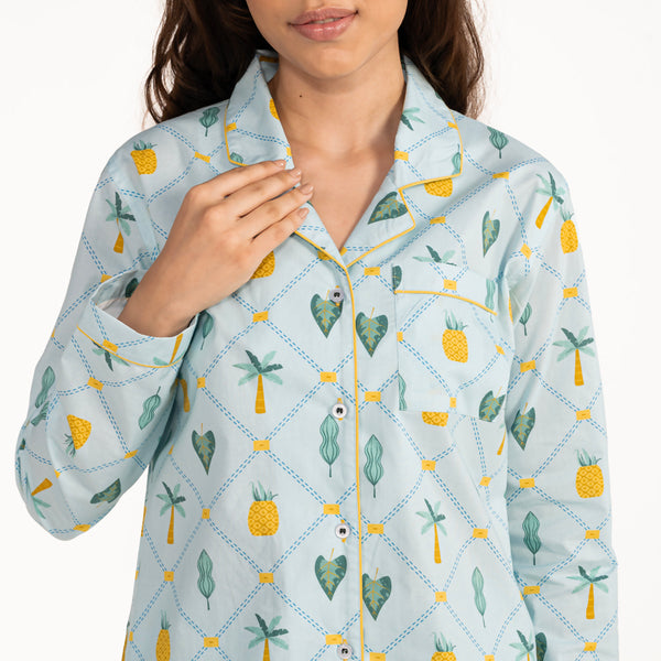 Pineapple Palms Cotton Notched Collar Pyjama Set