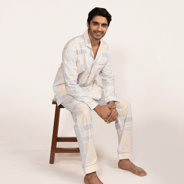 Spring Weave Cotton Notched Collar Pyjama Set - Men