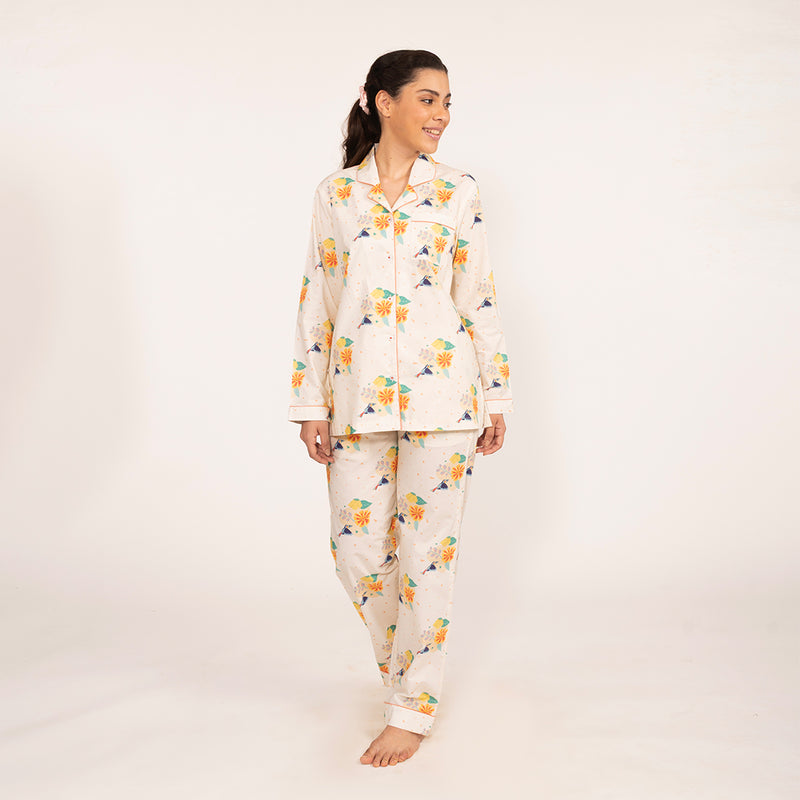 Toucan Bloom Cotton Notched Collar Pyjama Set