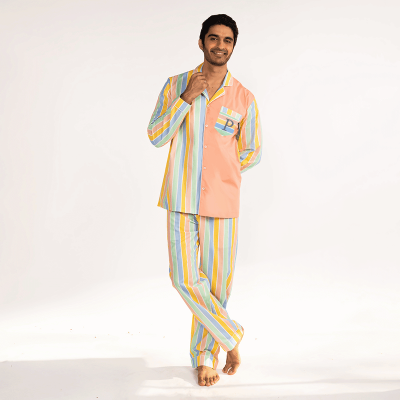 Pastel Paradox Cotton Notched Collar Pyjama Set - Men