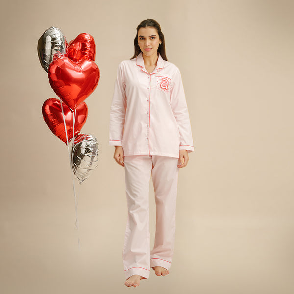 Merry Blush Sprinkle-Embroidered Notched Collar Pyjama Set - Women