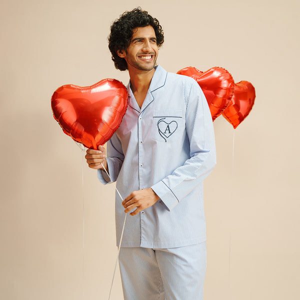 Cloudy Embroidered Cotton Notched Pyjama Set - Men