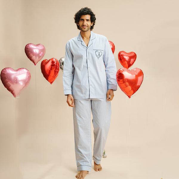 Cloudy Embroidered Cotton Notched Pyjama Set - Men