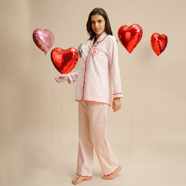 Tickled Pink Embroidered Notched Collar Pyjama Set - Women