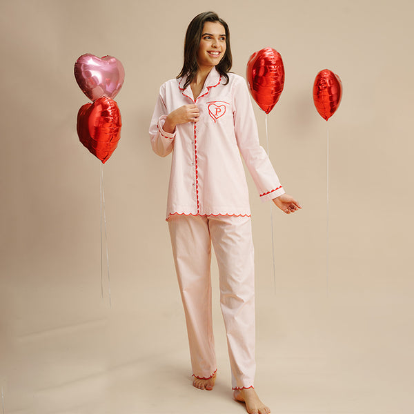 Tickled Pink Embroidered Notched Collar Pyjama Set - Women