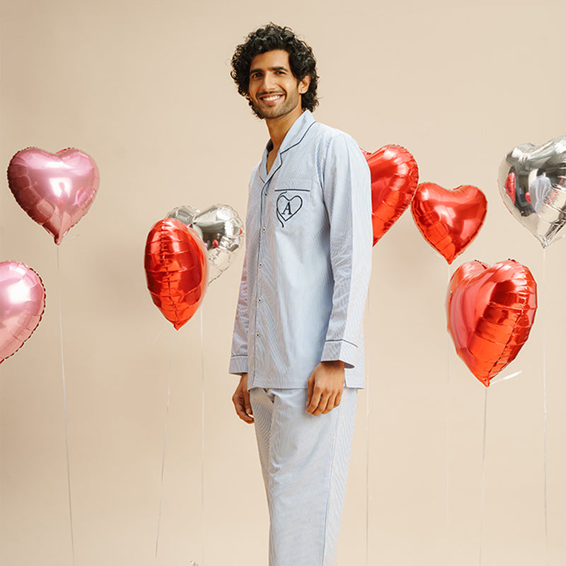 Cloudy Embroidered Cotton Notched Pyjama Set - Men