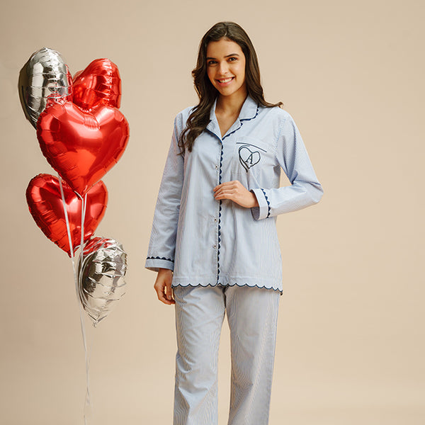 Baby Blues Embroidered Notched Collar Pyjama Set - Women